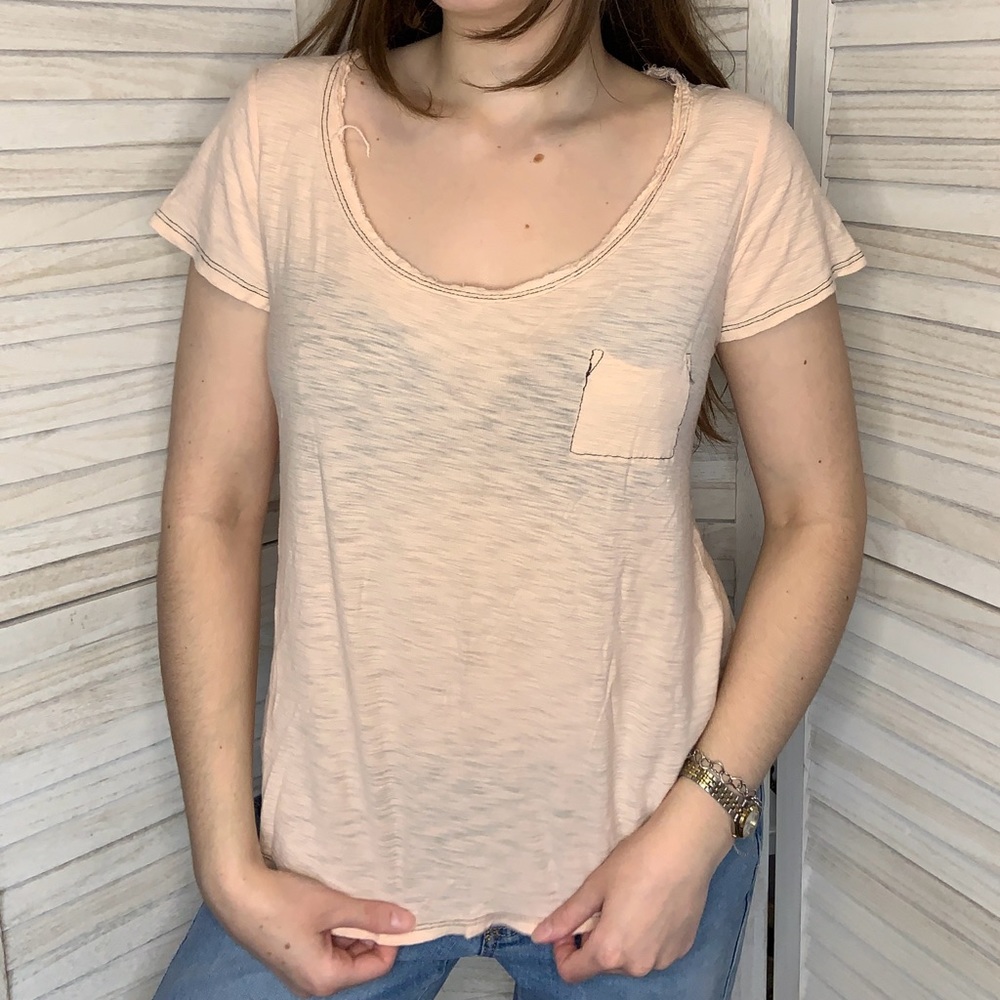 Michelle USA Flowy Peach Pink See Through Scoop Neck Short Sleeve Top Small